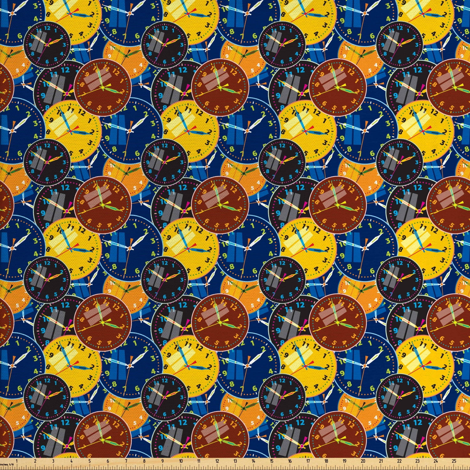 Clock Fabric by The Yard, Pattern with Clock Faces on It Vintage Style