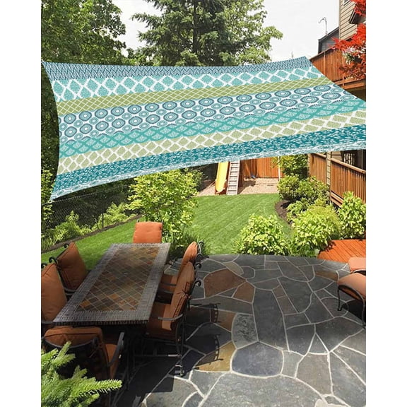Sun Shade Sail 12x16Ft Geometric Bohemia Stripes Green Blue and Turquoise Uv Block Sunshade Canopy Outdoor Shade Cover Rectangle Shade Cloth For Patio Garden Yard Deck Pergola