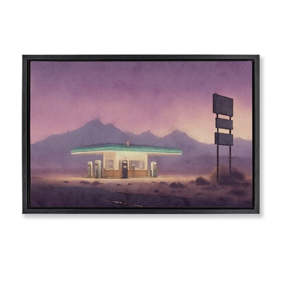 Stupell Industries Desert Gas Station Scenic & Cityscapes Painting Black Floater Framed Canvas Art Print Wall Art, 25 x 17