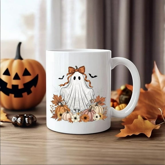 11oz Vintage Coquette Lace Ghost Mug, Cute Halloween Coffee Cup with Lace and Bows, Spooky Girl Aesthetic, Vintage Halloween Mug