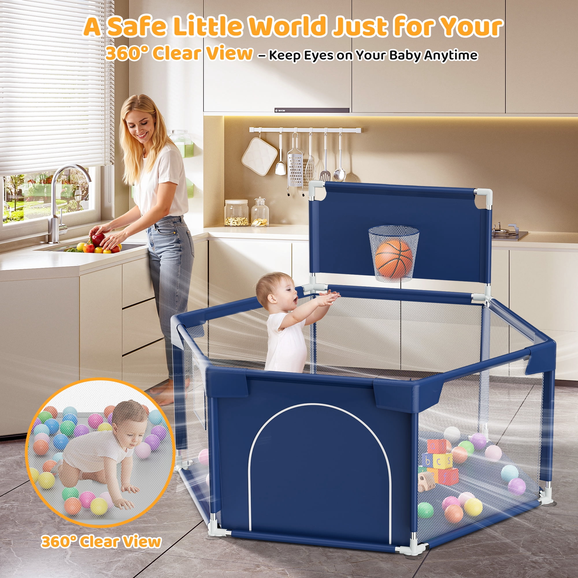 babyeap Baby Playpen with Basketball Hoop,Playpen for Babies and Toddlers,Hexagonal Fence Baby Play Yards,Navy Blue