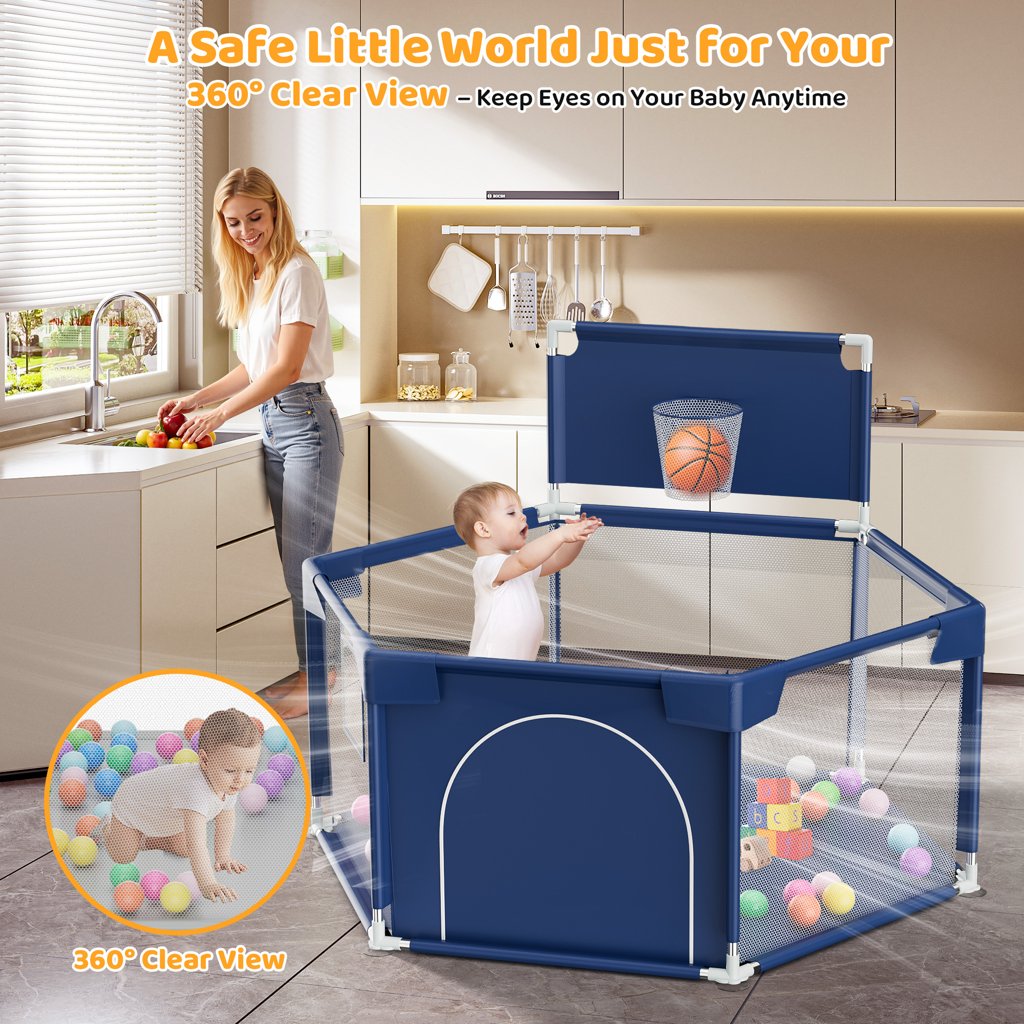 Babyeap Hexagonal Baby Playpen with Basketball Hoop photo 6