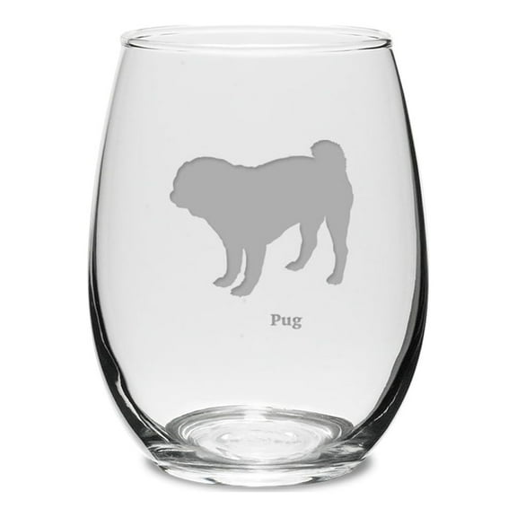 Pug Deep Etched 15 oz Stemless White Wine Glass