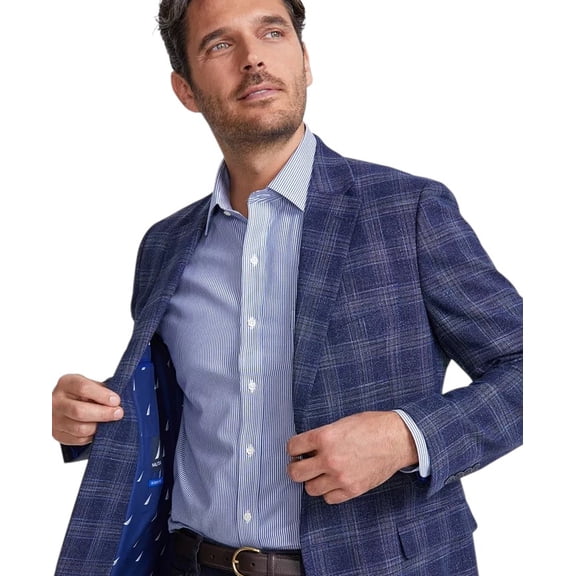 Nautica Mens Modern fit Sport Coat Blazer 36 S Navy Blue Windowpane Plaid