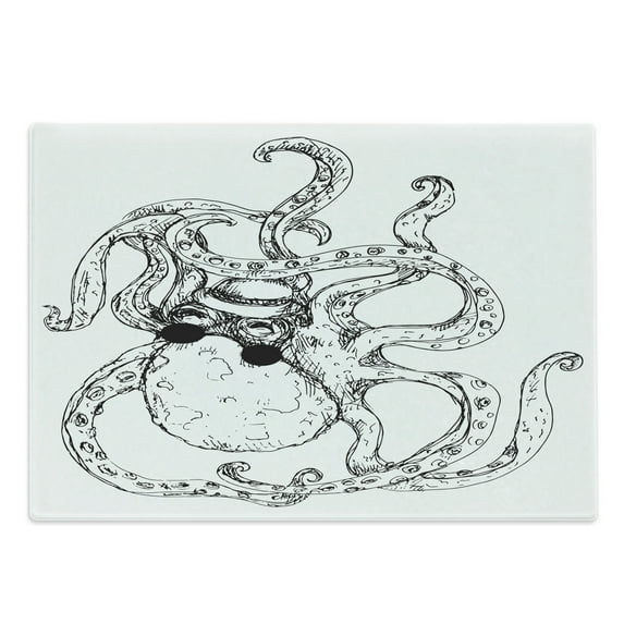 Octopus Cutting Board, Hipster Octopus Tattoo Style Art Undersea Creature Monster Cartoon Print Art, Decorative Tempered Glass Cutting and Serving Board, Large Size, White Black, by Ambesonne
