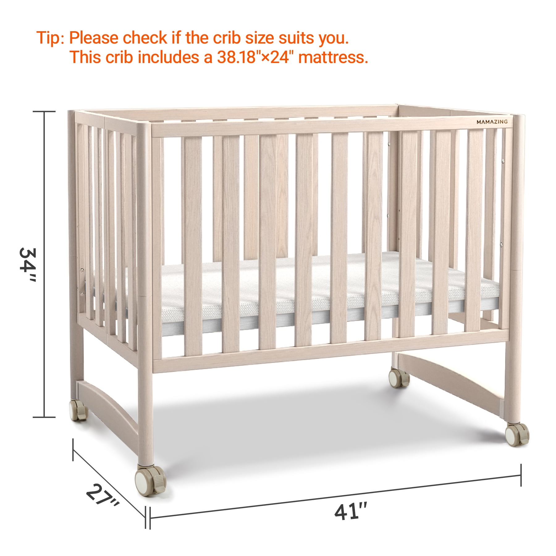 Mamazing 7-in-1 Convertible Baby Crib with mattress, 4 Adjustable Heights Pinewood Foldable Infant Cradle Converts to Twin Bed Playpen Mini Sofa