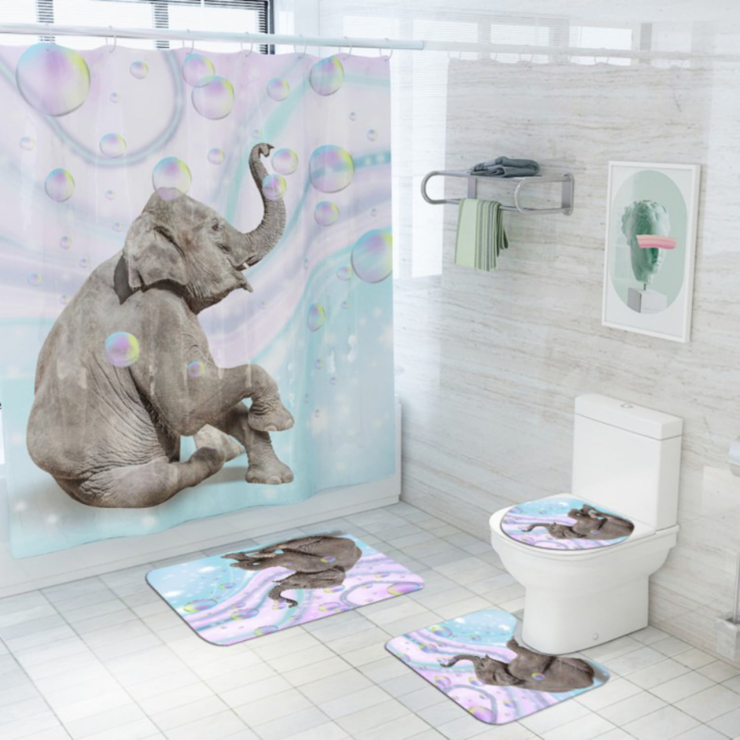 Bubbles Elephant Bathroom Shower Polyester Curtain Non Slip Toilet Cover Rug 
