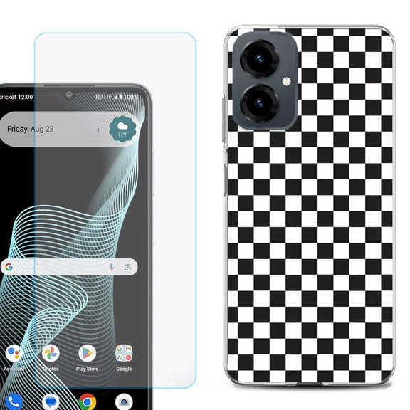 Shockproof Phone Case for Cricket Icon 2026, with Screen Protector, by OneToughShield - Checker B/W