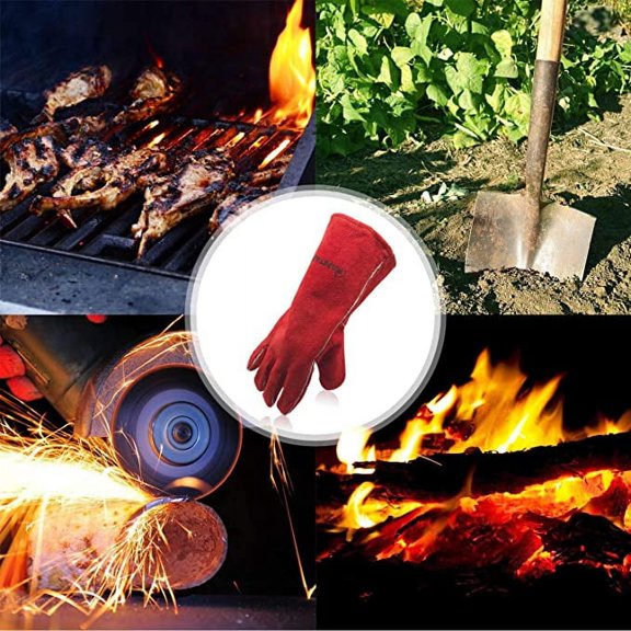 3 Pairs Deluxe 14" Welding Gloves, Heat Resistance, Leather Palm Lining Gloves, Red