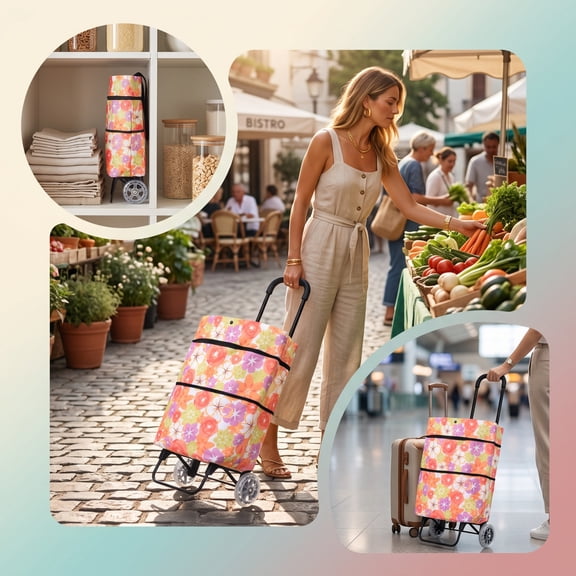 pathside Foldable Shopping Cart, Rolling Tote Bag with Wheels, Portable Grocery Wagon for Market Travel, Heavy Duty Storage Summer