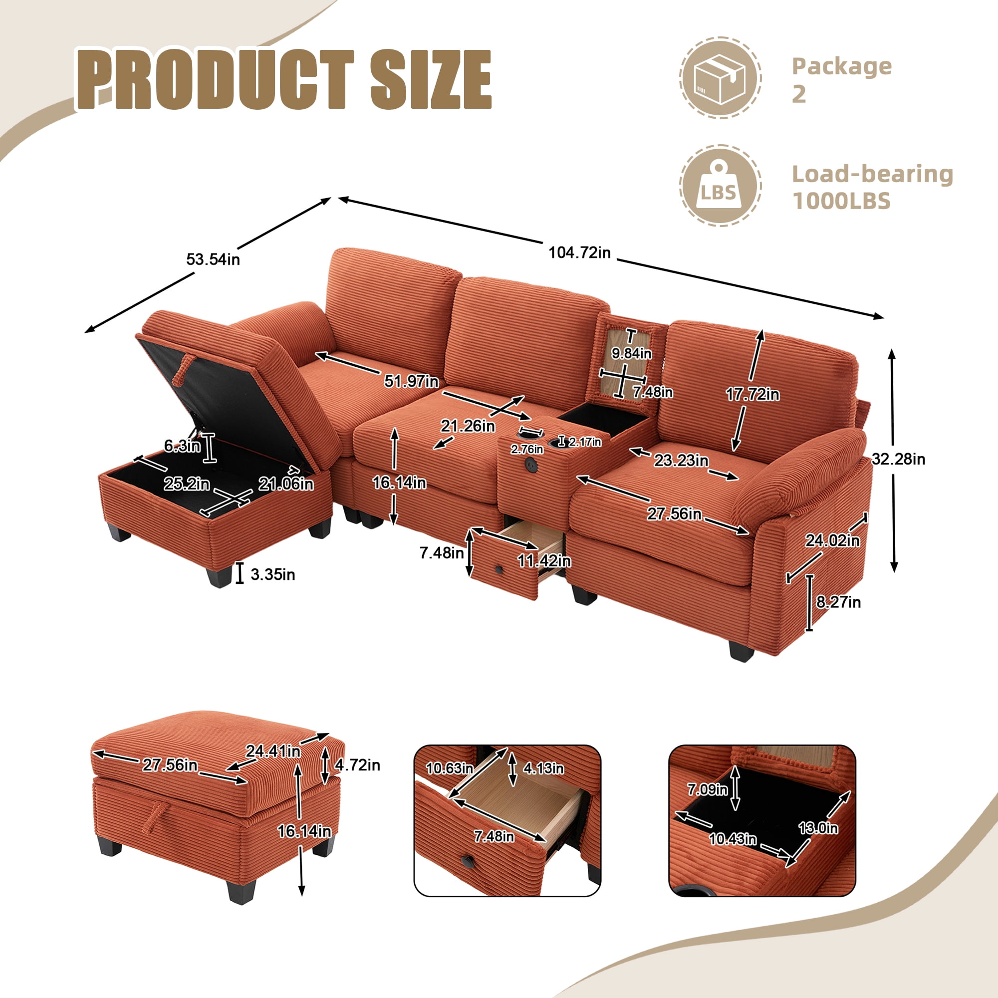 MOONMISS 105" L-Shaped Corduroy Modular Sectional Sofa with 1 Ottoman and Multi Functional Console, 3-Seater Upholstered Couch with USB and 2 Cup Holder, Easy Assembly, for Living Room,Orange