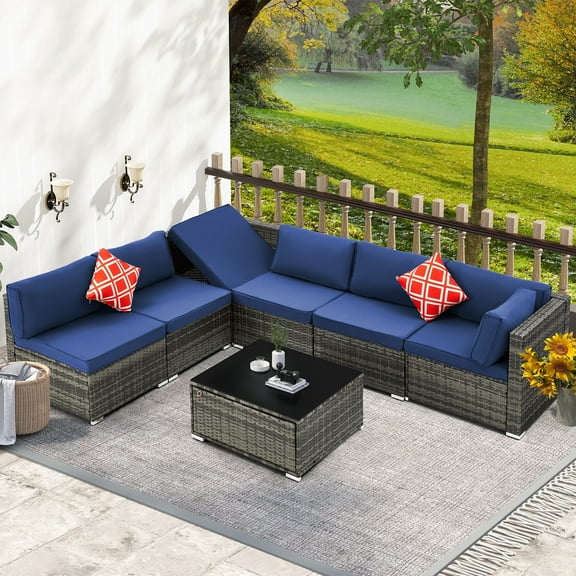 Homrest 7 Piece Patio Furniture Set with Adjustable Bracket All-Weather Wicker Conversation Set with Coffee Table for Porch Garden Backyard (Blue)