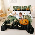 thumbnail image 3 of Homewish Spooky Halloween Carving Skeleton Queen Comforter Set,Bat Witch Print Comforter Sets Queen,Dark Green Orange,Halloween Reversible,3 Pieces,1 Comforter and 2 Pillowcases, 3 of 7