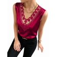 thumbnail image 2 of Women's Satin Contrast Lace V Neck Sleeveless Blouse Appliques Summer Tank Tops Red L, 2 of 7