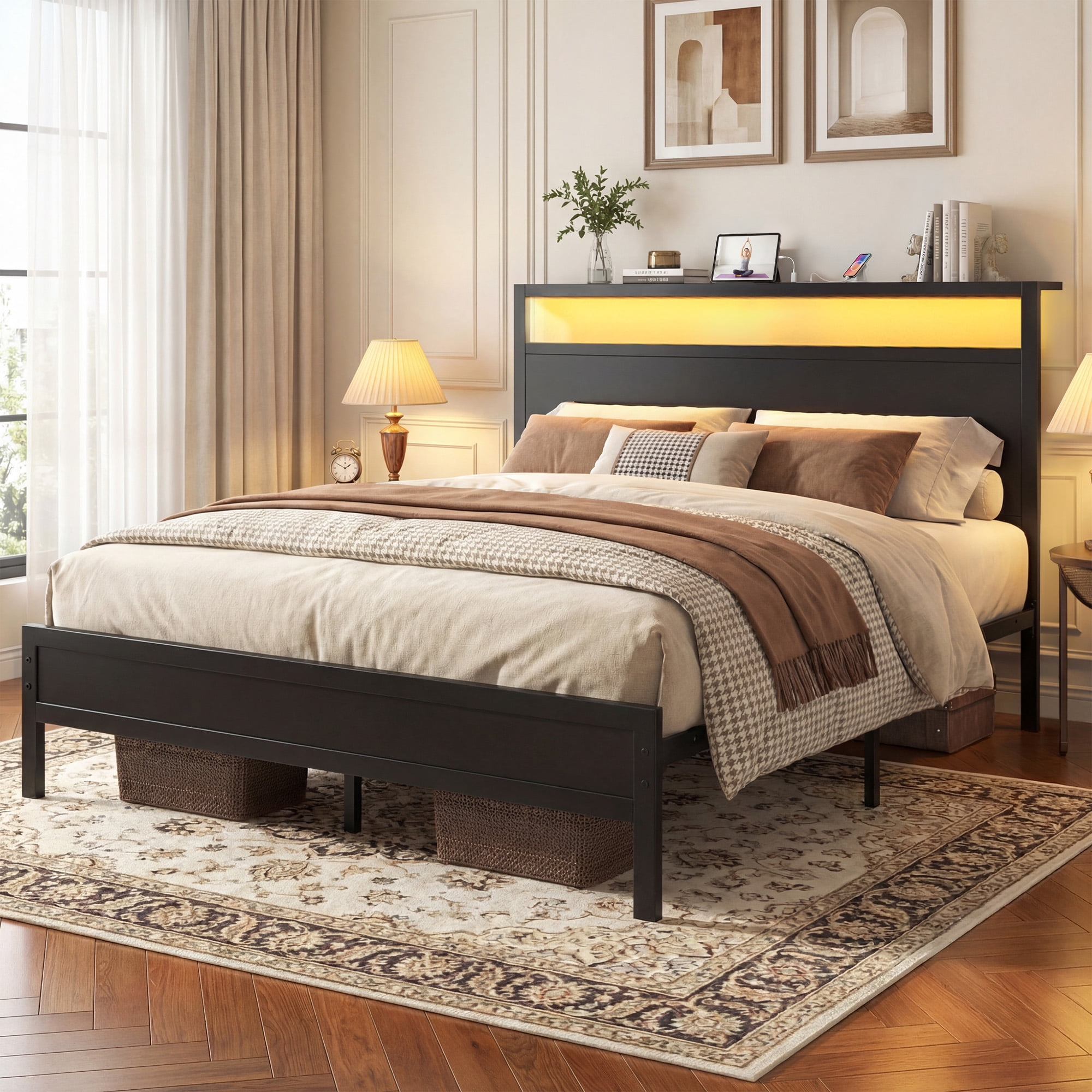 Bolvdo Queen Size Bed Frame with Headboard & Footboard, Built-in Charging Station & LED Light, Storage Shelf, Noise-Free, No Box Spring Needed, Easy Assembly, Classic Black