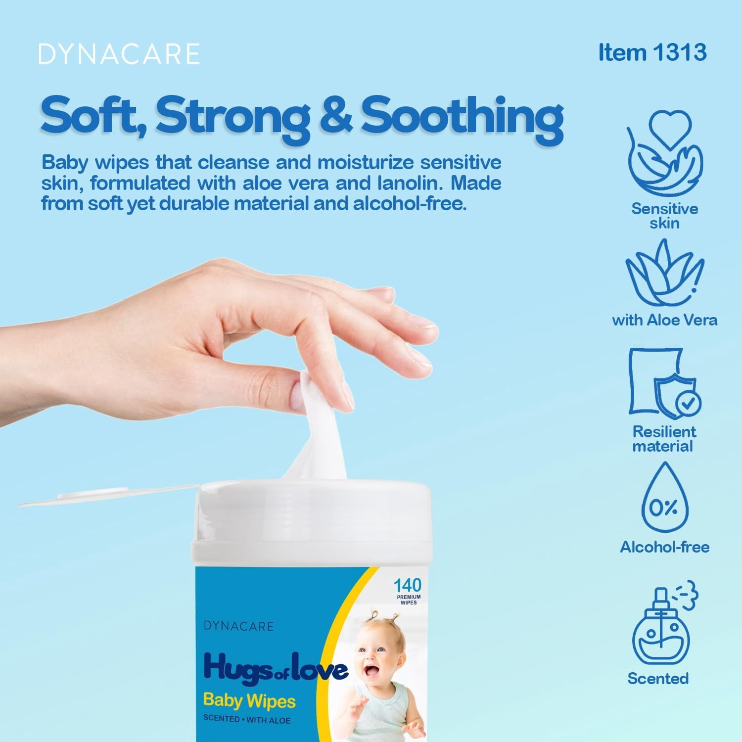 Dynarex Nice'N Fresh Alcohol-Free Aloe Baby Wipes, Fresh Scented, 12 Canister Pack (1680 Wipes)