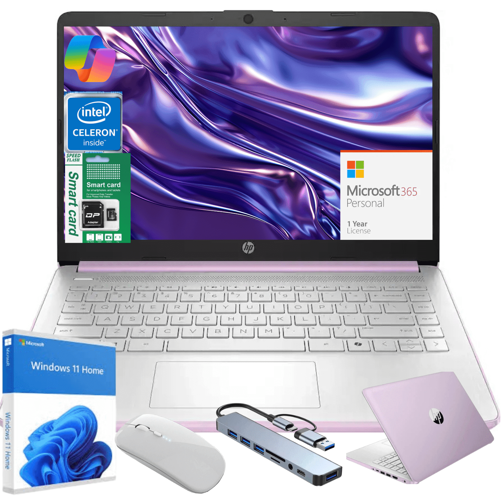 HP 14" N150 Laptop, Intel Quad-Core, 8GB RAM, 256GB Storage (128GB eMMC+128GB SD), Windows 11 Home Copilot & 1 Year MS Office 365, Ultra Thin Lightweight Purple Notebook for Work and School