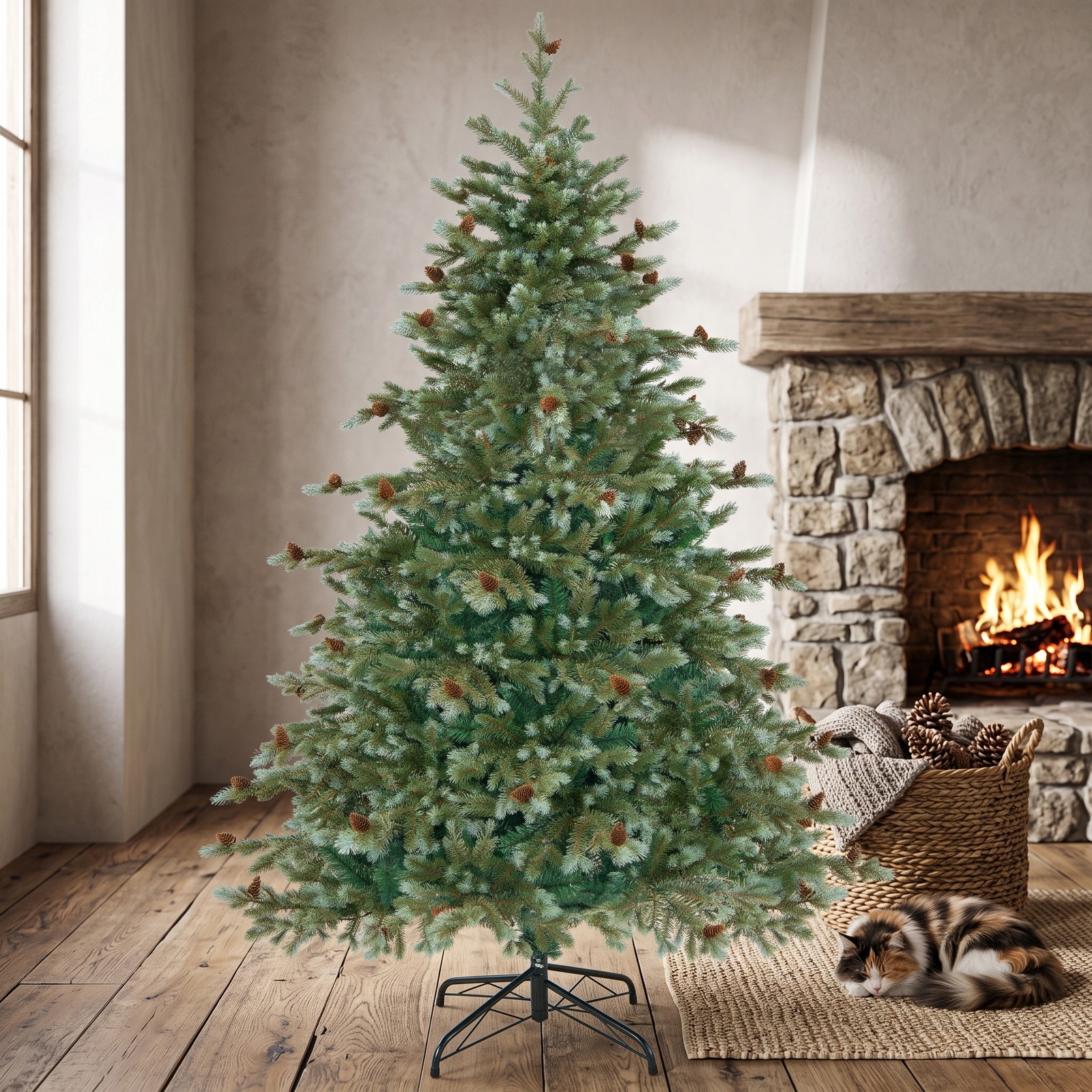 RUIE 6 FT Artificial Christmas Tree with 240 Warm White LED Lights and 53 Pine Cones, Pre-Lit Hinged Xmas Tree with Metal Stand for Home Office Holiday, Green