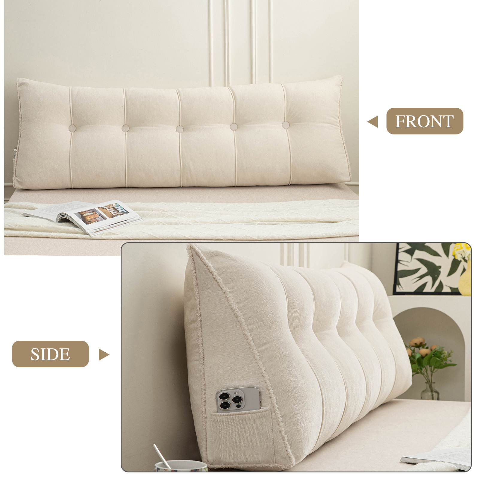 Desirable Life Triangular Headboard Pillow with Side Pockets, Chenille Fabric, Bed Rest Reading Pillow, Removable & Washable Cover, Contrasting-Color Fabric Piping, Daybed Wedge Pillow for Twin Beds