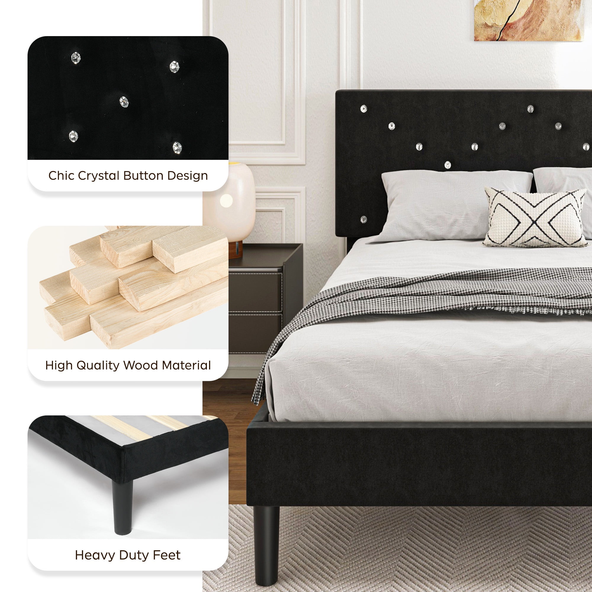 LEGAHOME Twin Size Upholstered Platform Bed, New Upgraded Twin Bed Frame with Rivet Decoration Headboard, Modern Single Bed, No Box Spring Needed, Black