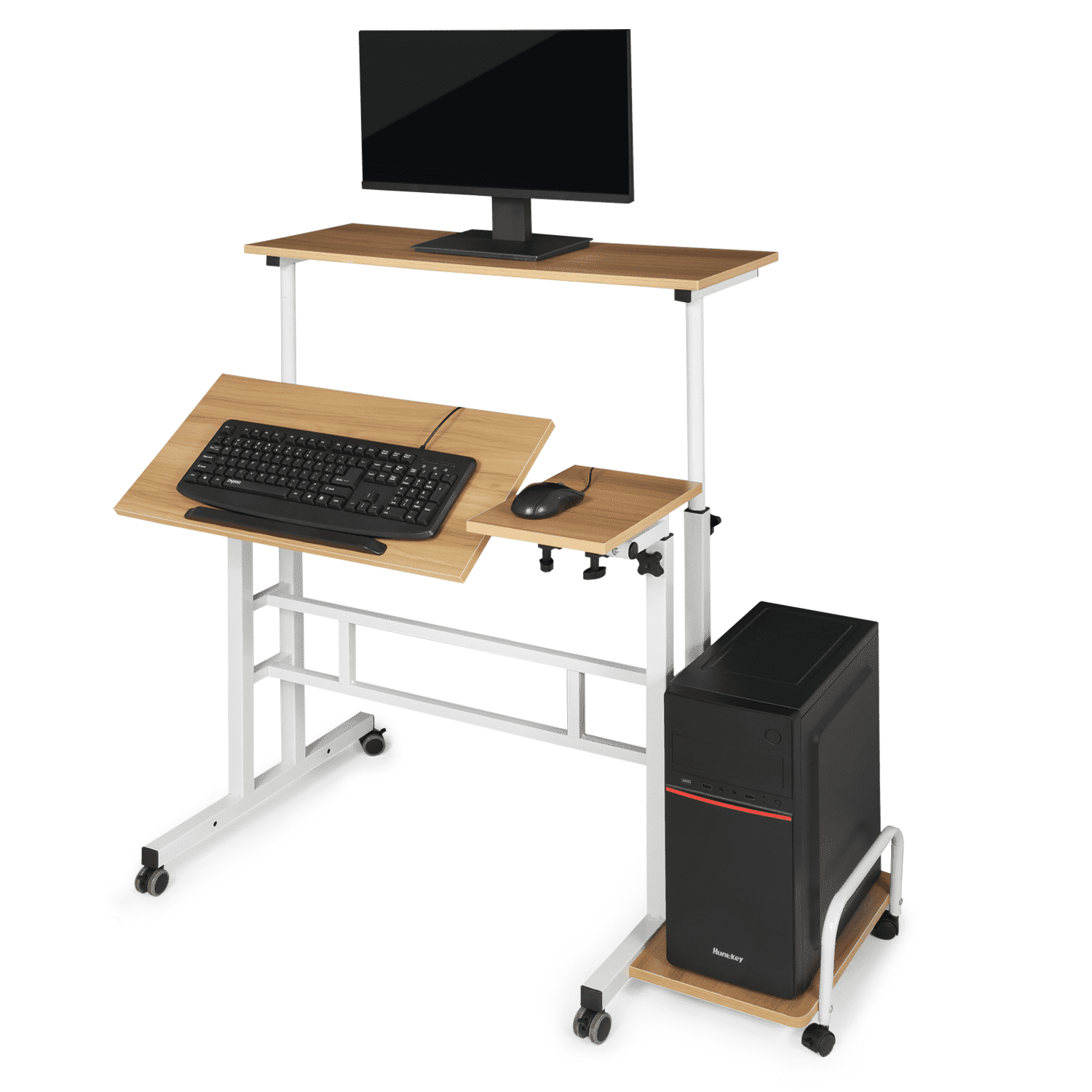 Magshion Complete Computer Workstation Desk, Rolling Standing Laptop Table with Monitor Shelf & Host Rack for Home, Natural