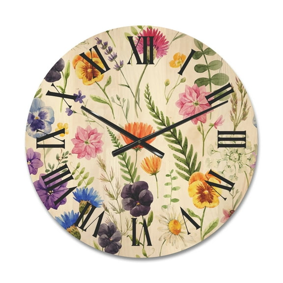 Designart 'Coloful Wildflowers Floral Pattern I' Traditional Wood Wall Clock