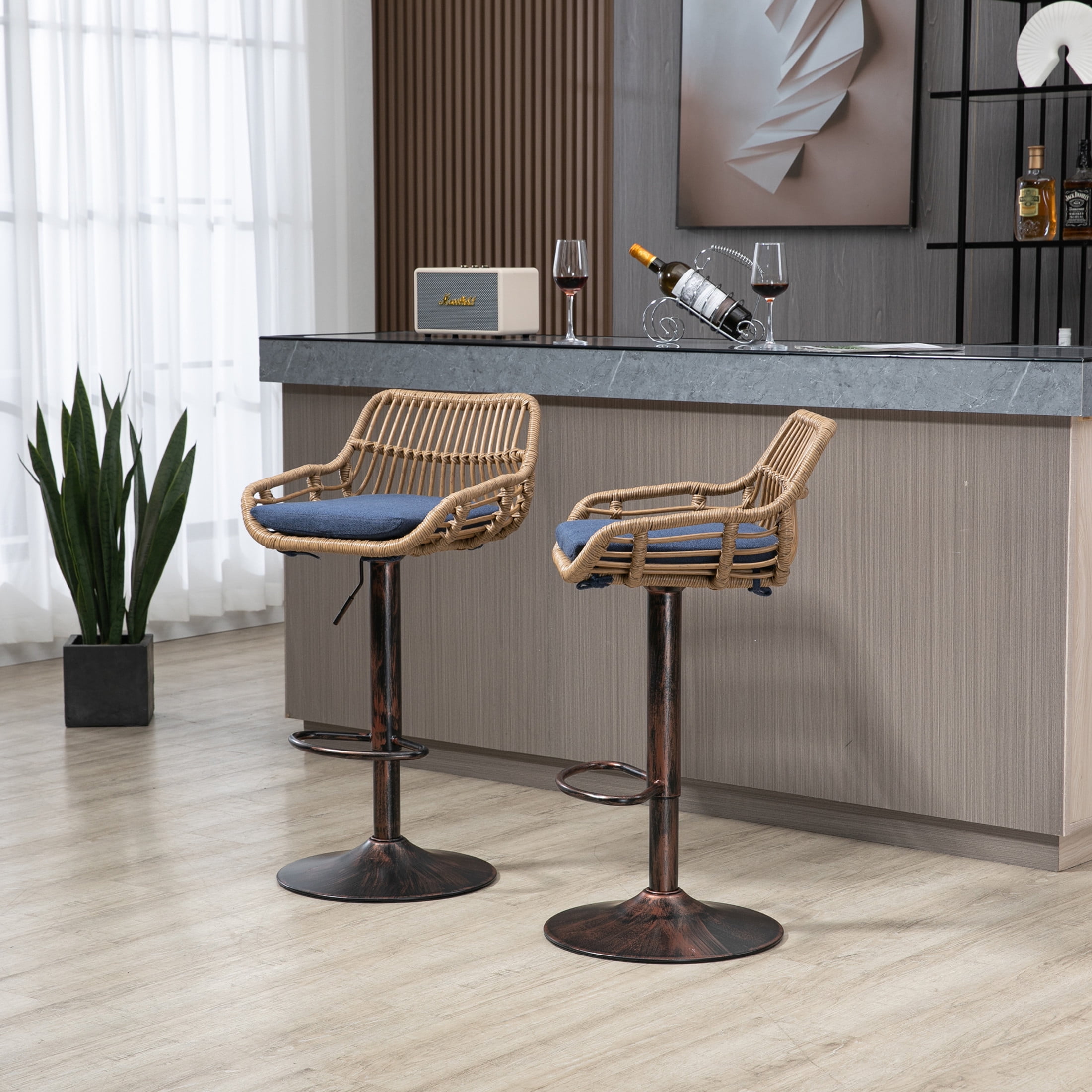 Noble House Swivel Bar Stools Set of 2, Adjustable Counter Height Chairs with Footrest, Blue