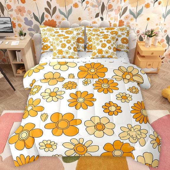 Manfei Country Floral 7-Piece Twin Bedding Sets,Rustic Daisy Bedding Comforter Set,Yellow White Sheet Sets For Kids,Breathable Home Decor Reversible