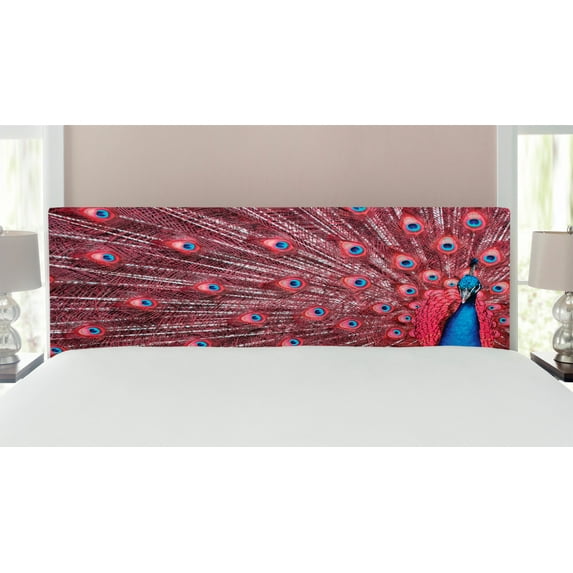 Peacock Headboard, Male Displays His Plumage Majestic Surreal Wildlife Themertwork, Upholstered Decorative Metal Bed Headboard with Memory Foam, King Size, Burgundy Blue, by Ambesonne