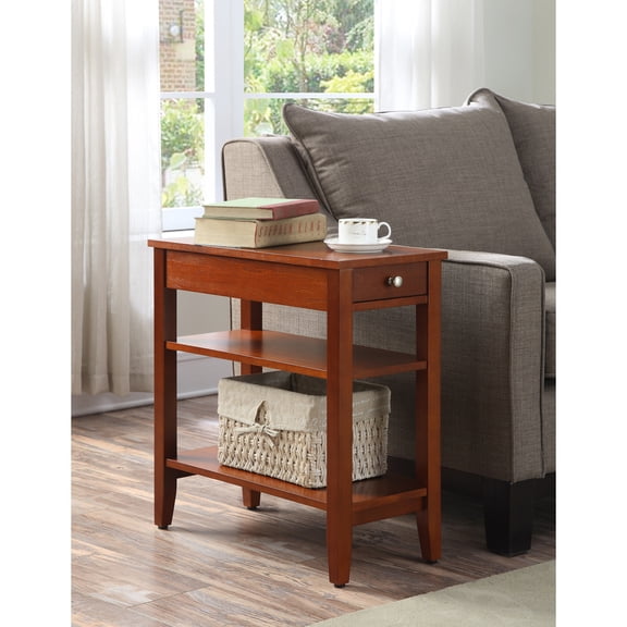 Rustic End Table with Drawer - 3 Tier Nightstand, Birch Veneer, 23.5"L x 11.25"W x 24"H