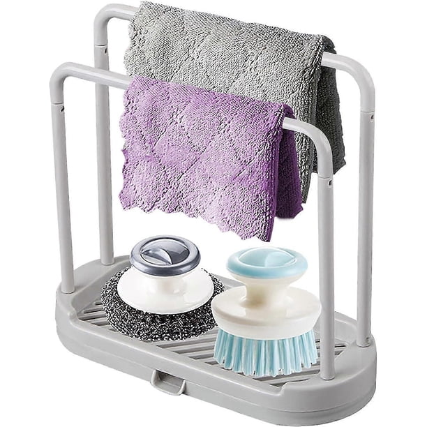 Soporte para esponja de cocina, colgador de paños de cocina, organizador de bandejas 2 en 1 con escurridor para trapos, cepillos, estropajos y bandeja para fregadero.
