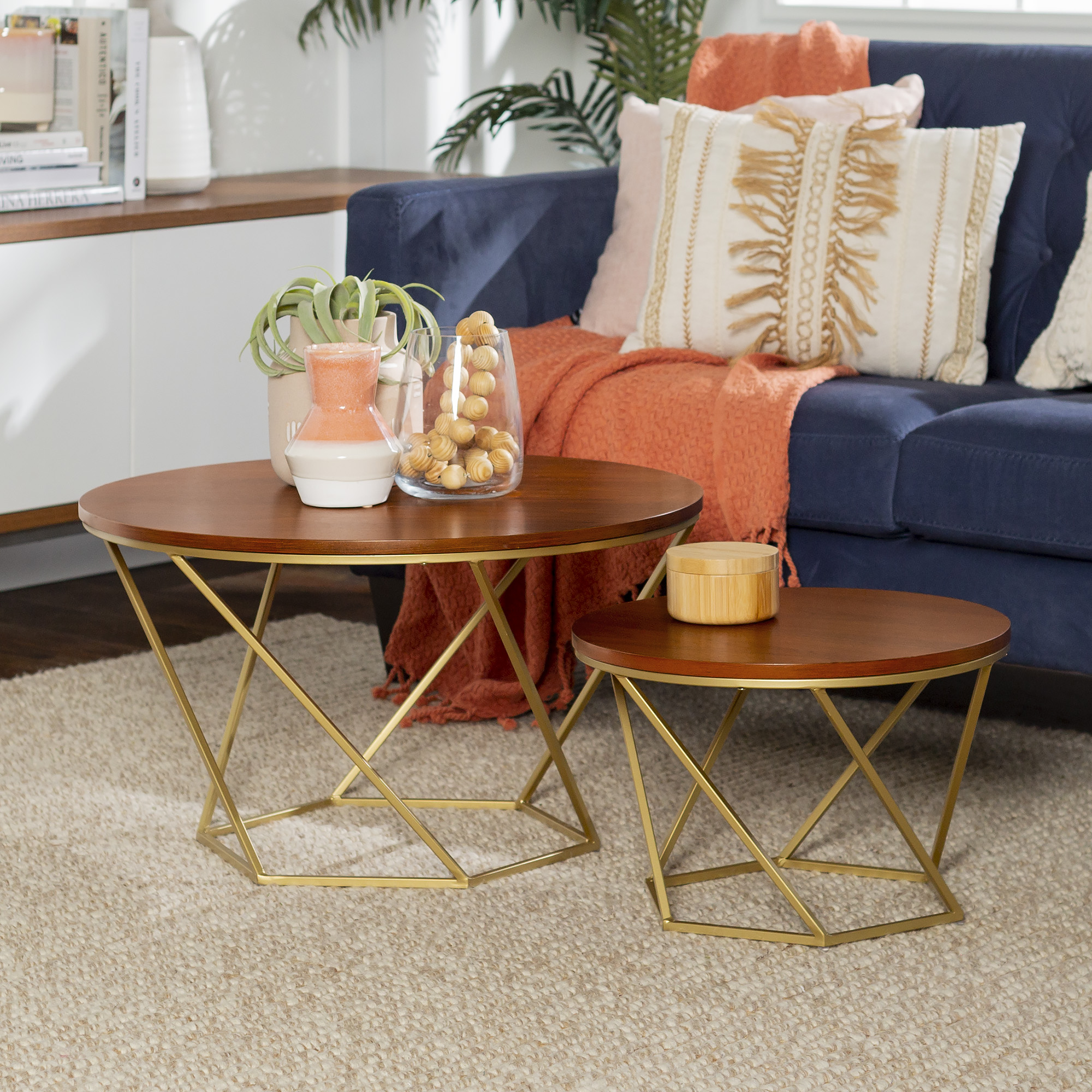 Eloise Geometric Walnut and Gold Nesting End Tables by Ember Interiors