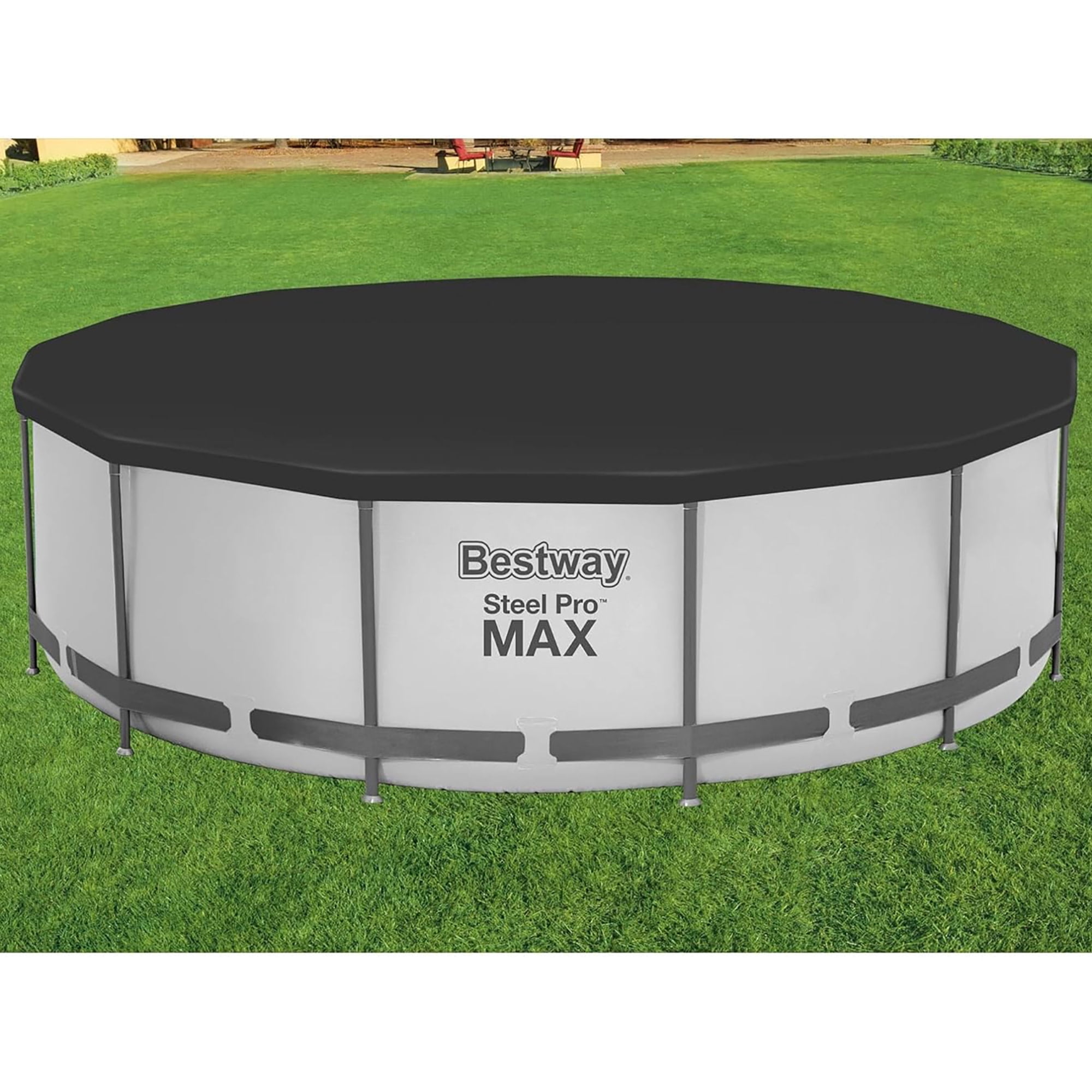 Bestway: Round Pool Cover - 12 Foot, Black - Above Ground Pools Accessory, Drainage Holes, Built-In Rope Secure, Water Protector, Block Debris & Dirt