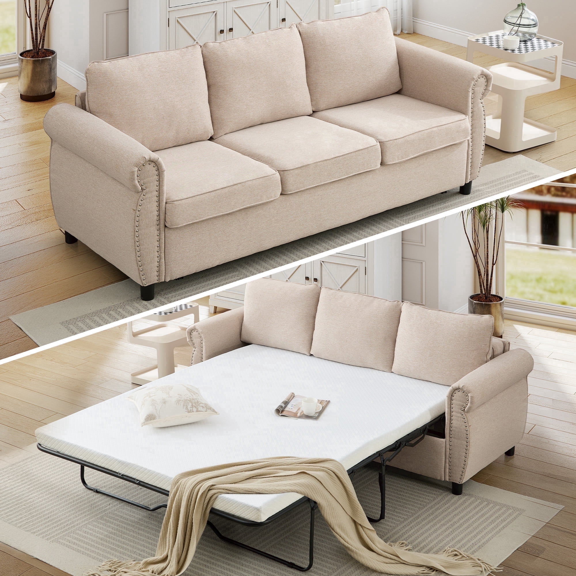 FFH 81.5" Convertible Sofa Bed, 2-in-1 Queen Sleeper Sofa, 3 Seater Pull Out Sofa Bed with 3.35 inch Memory Foam Mattress, Beige