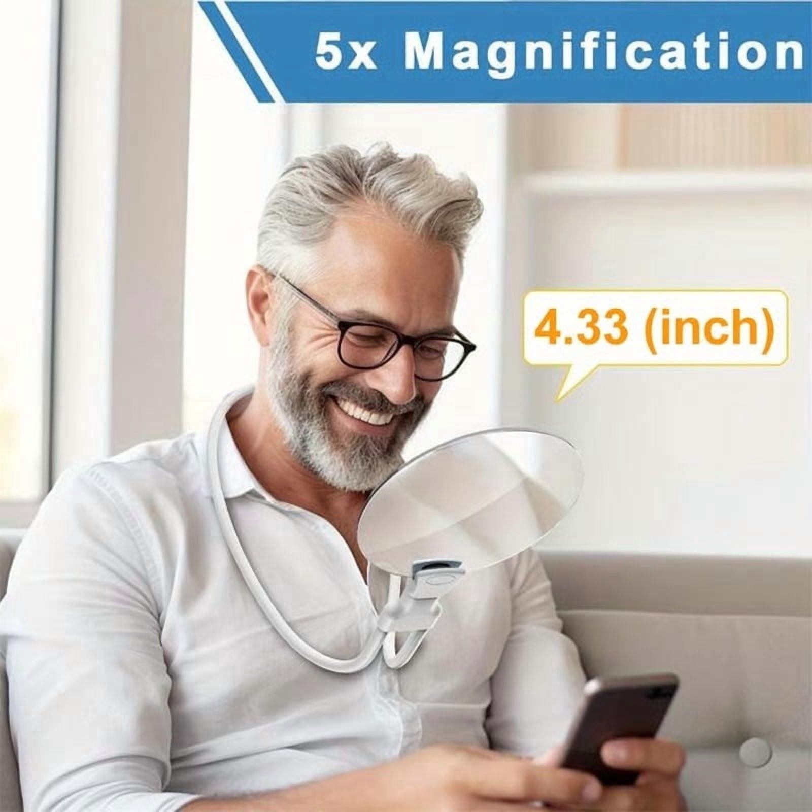 5x Magnification Glass With 4.33in Lens for Reading Needlework Repairs, Hands Free Stand Hands Free Magnifier with Flexible Gooseneck Stand Neck Strap Included