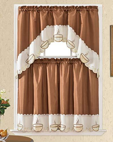 KITTY CAT KITCHEN CURTAIN SET 2 TIERS WITH SWAG VALANCE 36" BEIGE 