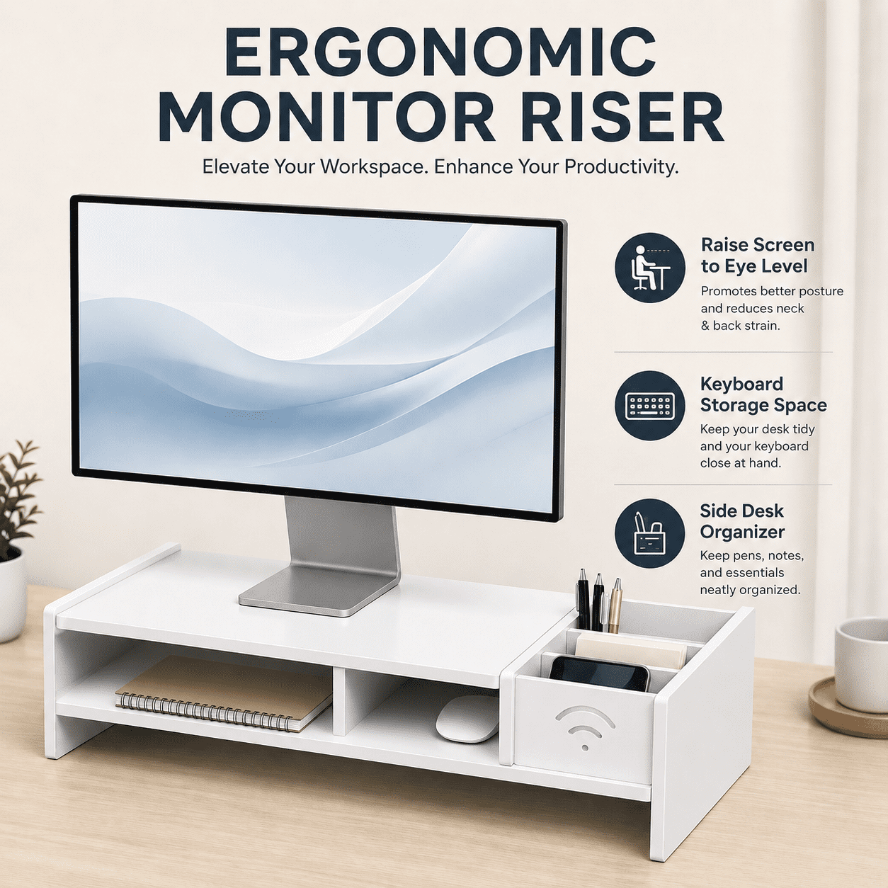 Kabuer Monitor Stand for Computer, Laptops, Desk Shelf Organizer for Office, Dormitory, Home Wooden