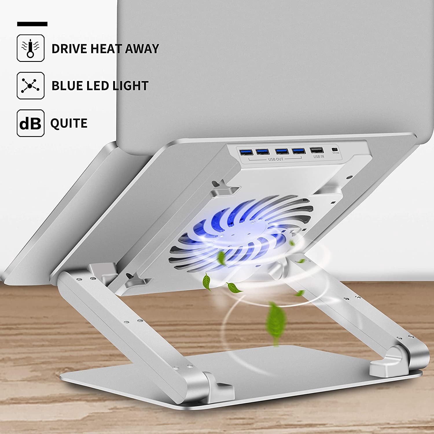 Laptop Cooling Pad with Low-Noise Fan and 3.0 USB Hubs, Ventilated Cooler Prevent Overheating, Ergonomic Stand Support Up to 17” Gaming Notebook Computer, Aluminum