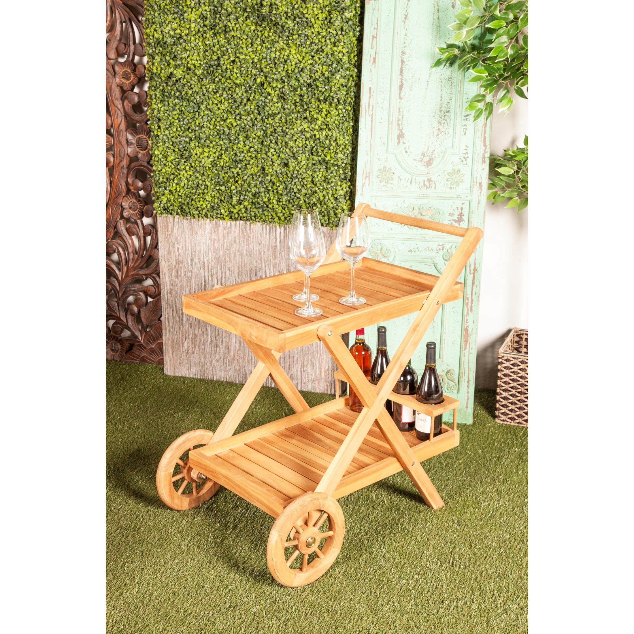 DecMode 32" x 32" Brown Teak Wood Indoor Outdoor Rolling 2 Shelves Bar Cart with Wheels and Handle, 1-Piece