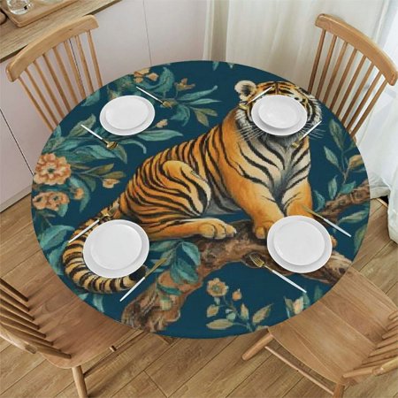 

HYKY Tiger Tiger Cub Peacock Round Table Cover 100% Polyester Fiber for Picnic Dining Kitchen Farmhouse Table Cloth 42 -46