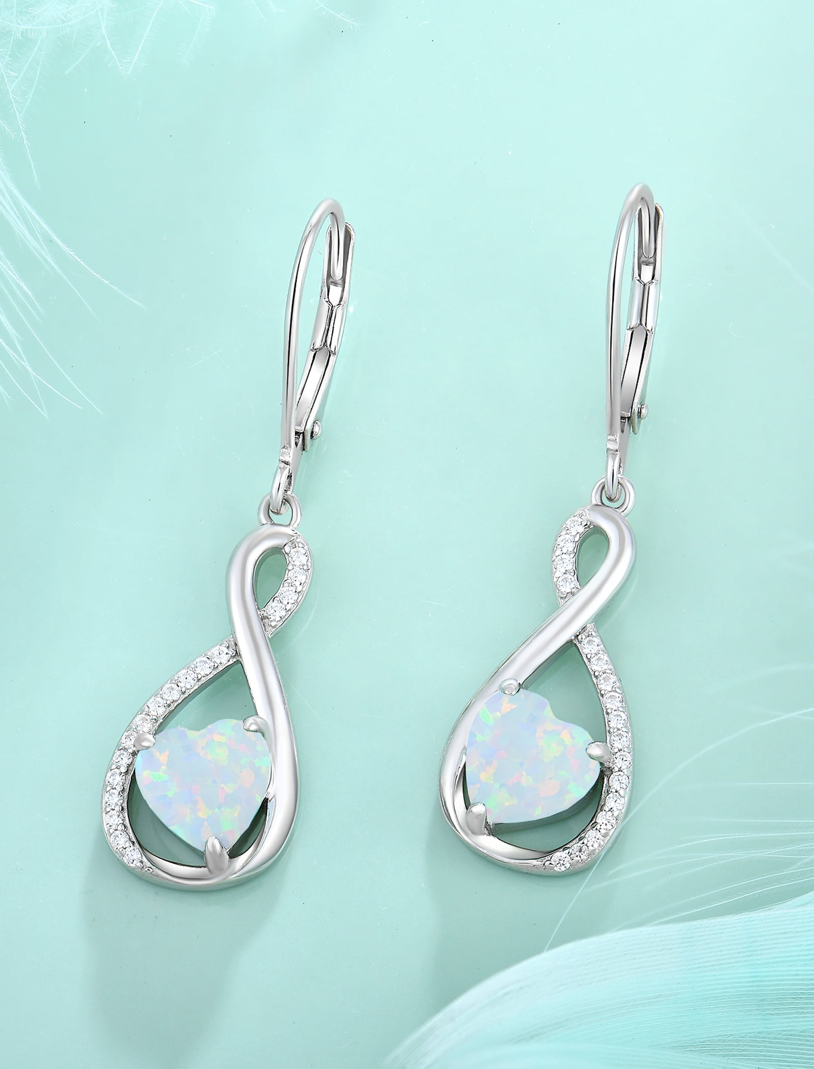 VESITIM Infinity Dangle Leverback Earrings 925 Sterling Silver Heart Earrings Created White Opal Jewelry for Women