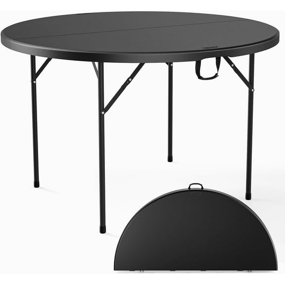 Round Bi-Folding Commercial Table, 4 Feet Portable Plastic Dining Card Table for Kitchen or Outdoor Party Wedding Event, 1-Pack