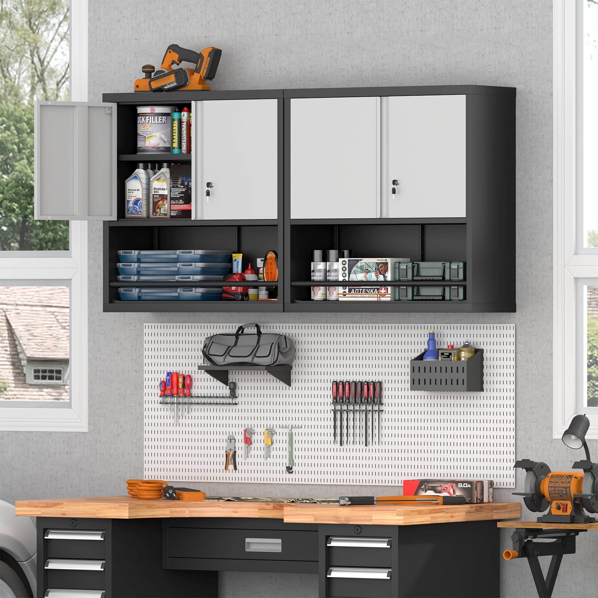 Kitchen Pantry Cabinet with Adjustable Shelves & 2 Doors,Metal Storage Cabinet with Locker for Kitchen,Living Room,Dining Room,Office,Black+Grey