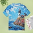 thumbnail image 4 of Lighthouse Sunrise Coast Scenery Pale Blue Tan Women's T-Shirt Short Sleeve T Shirts Tops Tee Ladies Loose T, 4 of 6