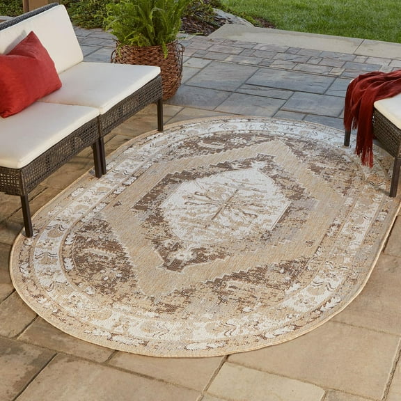 Unique Loom Outdoor Traditional Collection Area Rug - Valeria (5' 3" x 8' Oval Natural/Ivory)