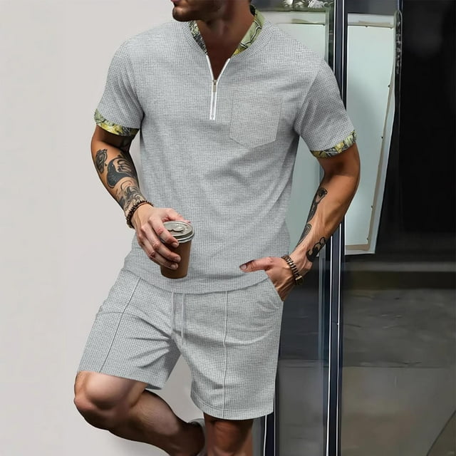Styesk Pièces Tenues pour Hommes 2 Pcs Mode Décontractée Manches Courtes Col Rabattu Pantalon Ensemble Deux Taille Élastique