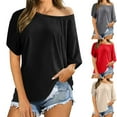 thumbnail image 2 of CAIVO Women's Summer Blouse Off Shoulder Shirts Casual Loose Short Sleeve Tunics Tops Trendy Solid Color Back To School Dailywear, 2 of 6