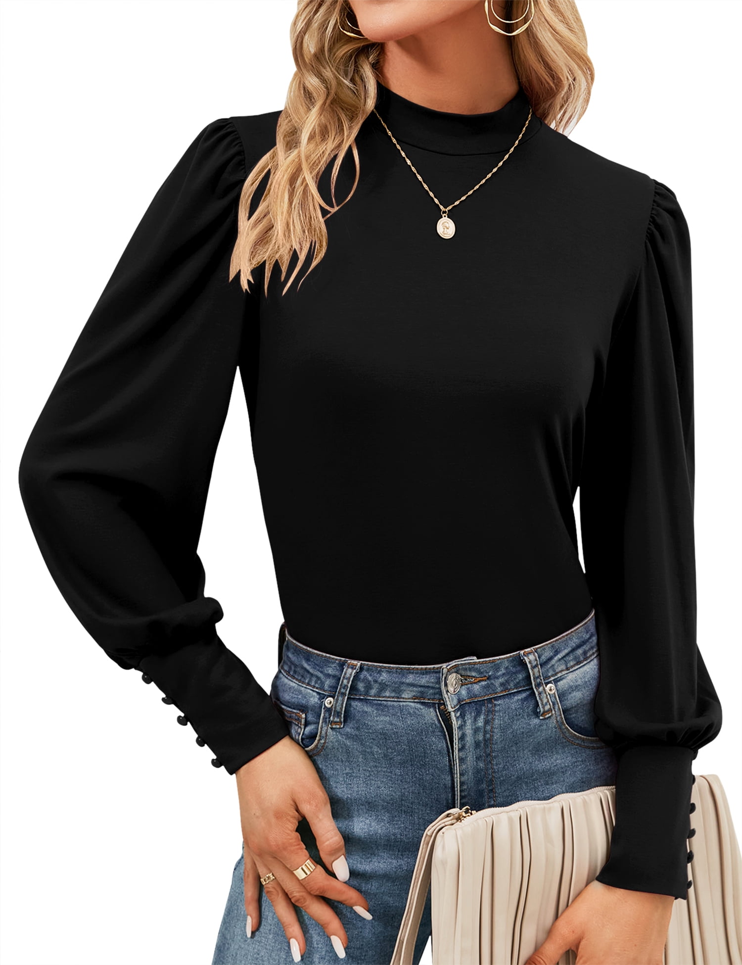 ZHENWEI Womens Mock Neck Puff Long Sleeve Tops Casual Loose Solid Basic ...