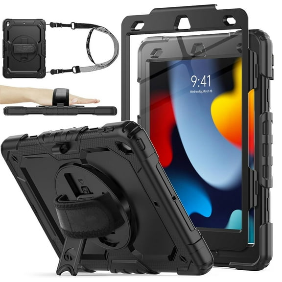 Decase for Apple iPad 9th/ 8th/ 7th Generation 10.2",Shockproof Full-Body Case with Screen Protector,Heavy Duty Cover with Pen Holder Hand Strap Stand,Black