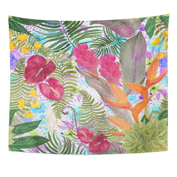 POGLIP Watercolor Tropical Pattern with Exotic Flowers Bird Paradise Orchidea Palm and Deliciosa Leaves Wall Art Hanging Tapestry Home Decor for Living Room Bedroom Dorm 60x80 inch
